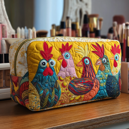 Embroidered Chickens in Grass Quilted Toiletry Bag
