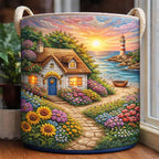 Cottage & Lighthouse Scene Quilted Laundry Basket