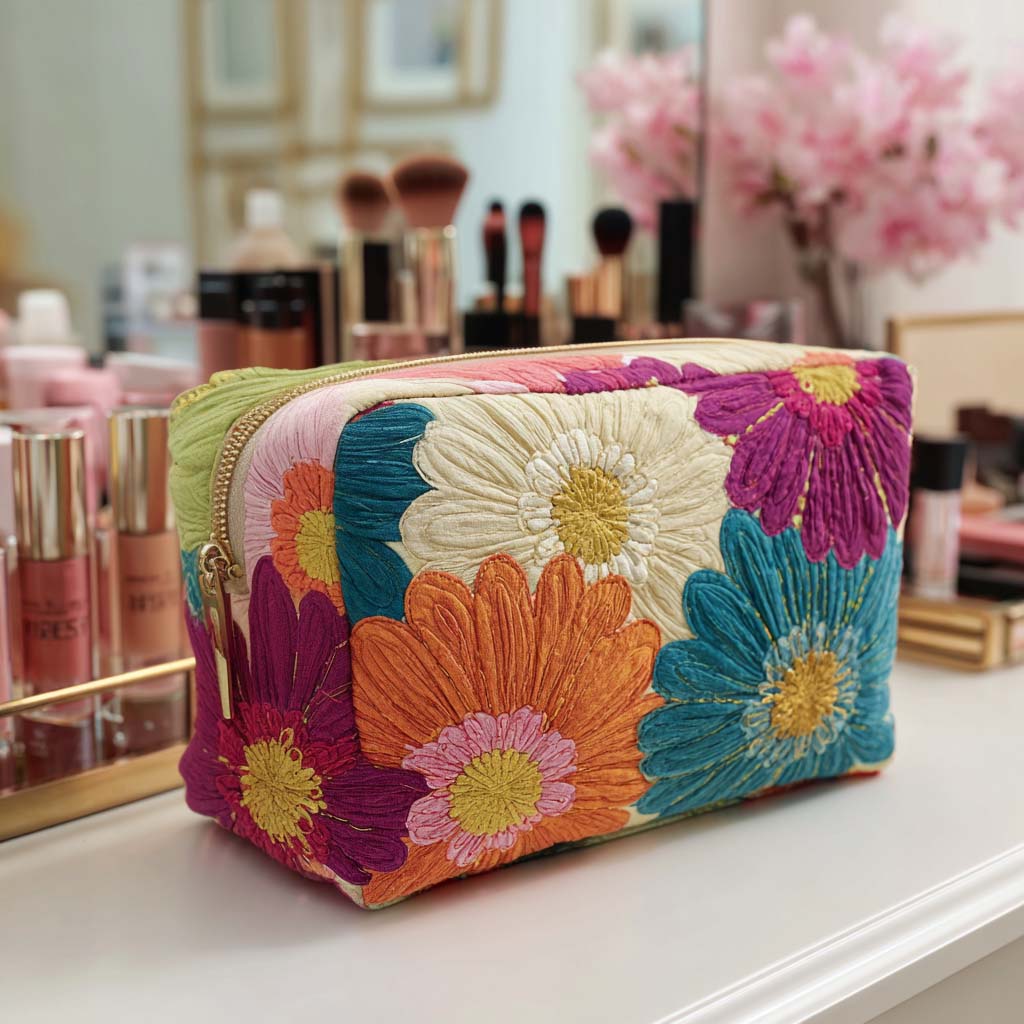 Embroidered Daisies Quilted Toiletry Bag
