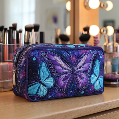Embroidered Butterflies in Grass Quilted Toiletry Bag