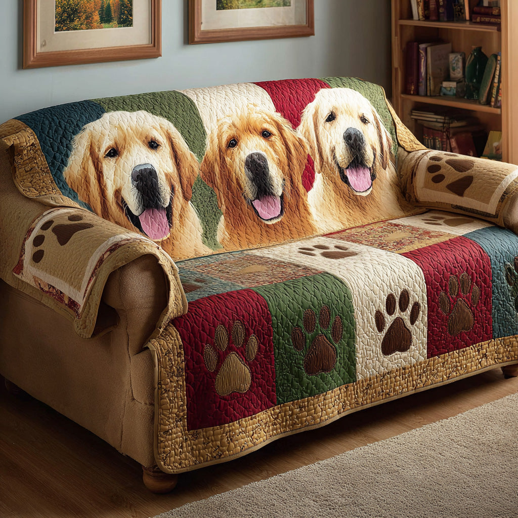 Paw Print Gold Quilted Sofa Cover