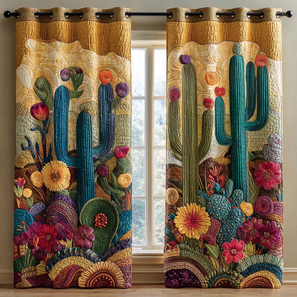 Turquoise Cactus Flower Quilted Curtains