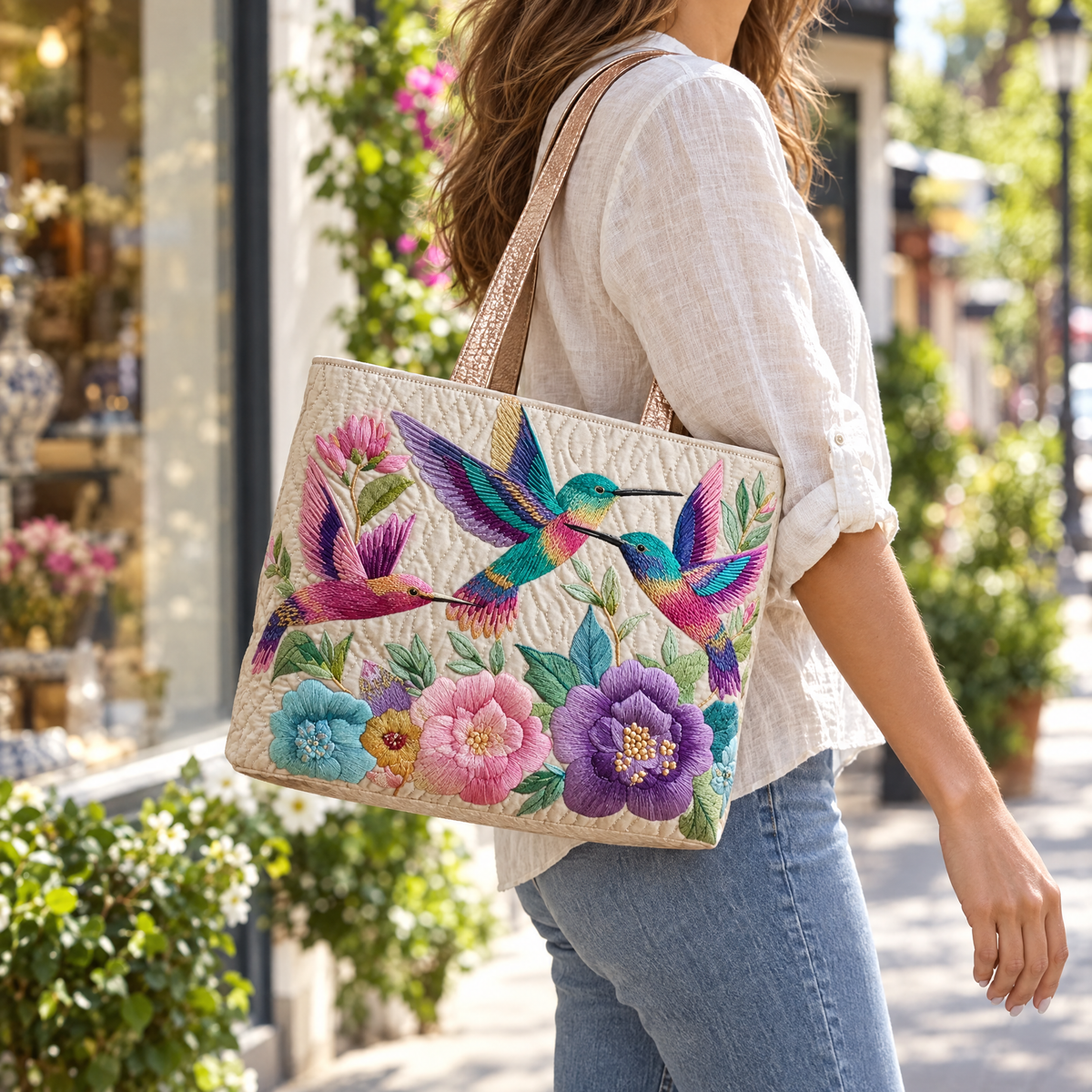 Hummingbird Flower Garden Quilted Tote Bag