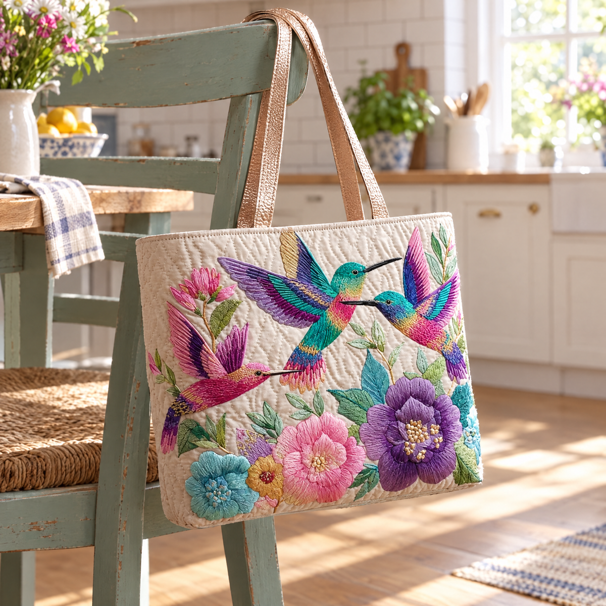 Hummingbird Flower Garden Quilted Tote Bag