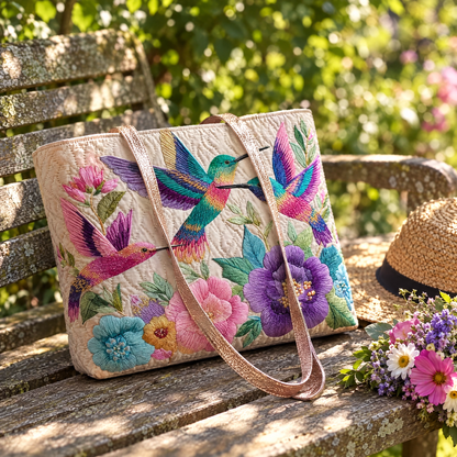 Hummingbird Flower Garden Quilted Tote Bag