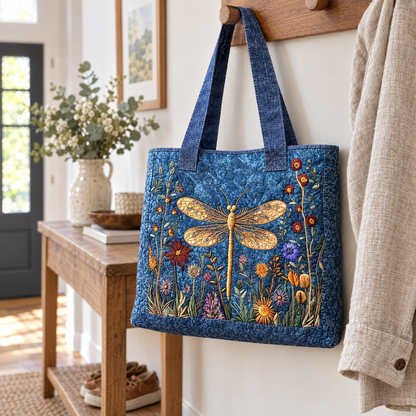 Golden Dragonfly Quilted Tote Bag