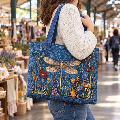 Golden Dragonfly Quilted Tote Bag