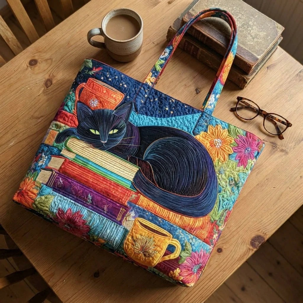 Black Cat with Books and Mugs Quilted Tote Bag