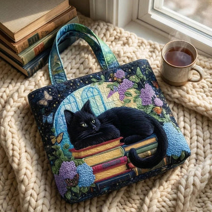 Black Cat on Books Quilted Tote Bag