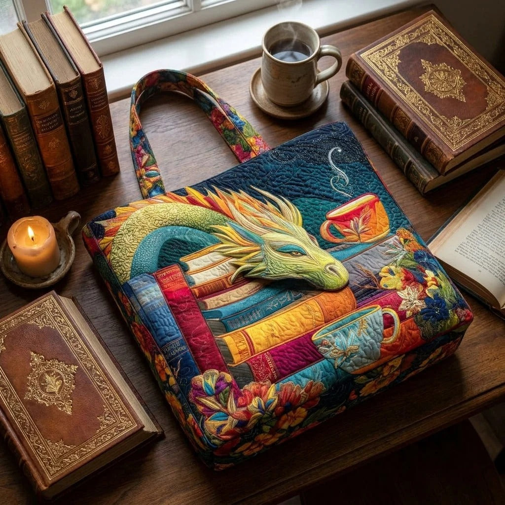 Dragon Reader with Books Quilted Tote Bag
