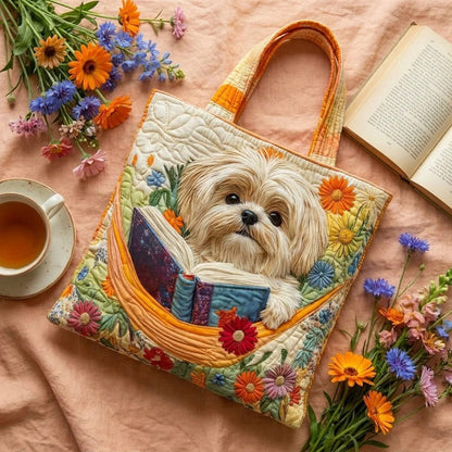 Shih Tzu with Books and Flowers Quilted Tote Bag