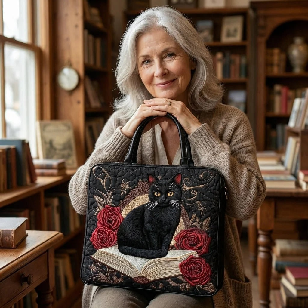 Black Cat and Red Roses Quilted Tote Bag