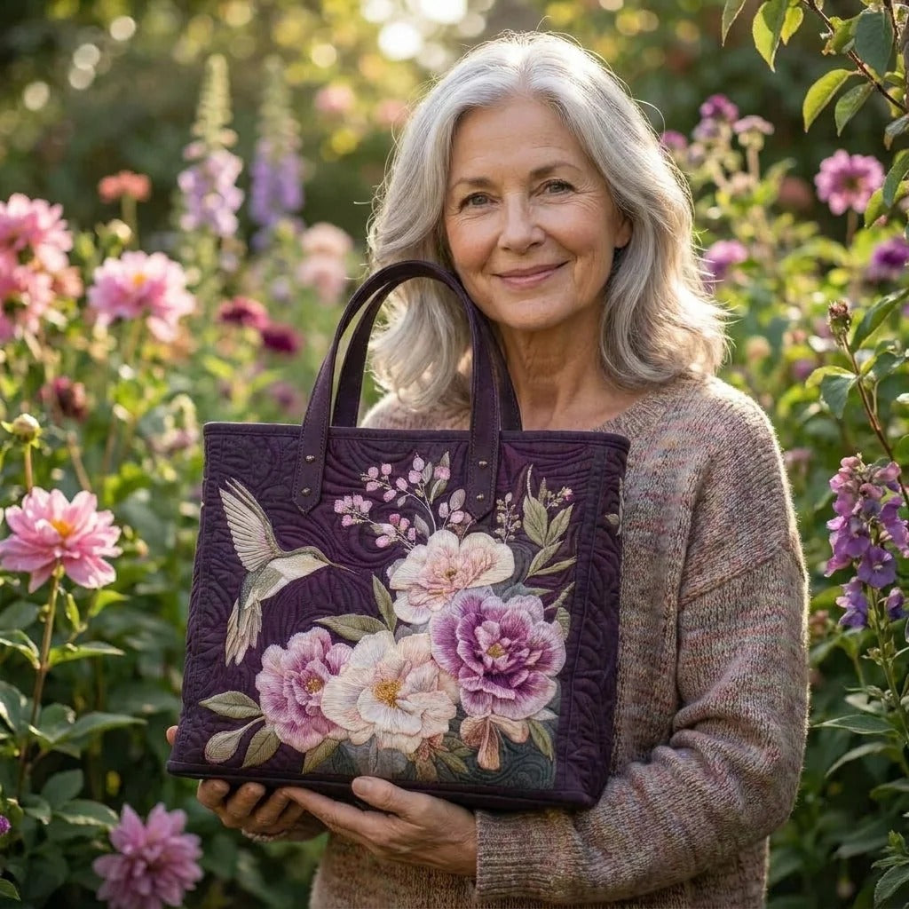 Hummingbird and Pink Blooms Quilted Tote Bag