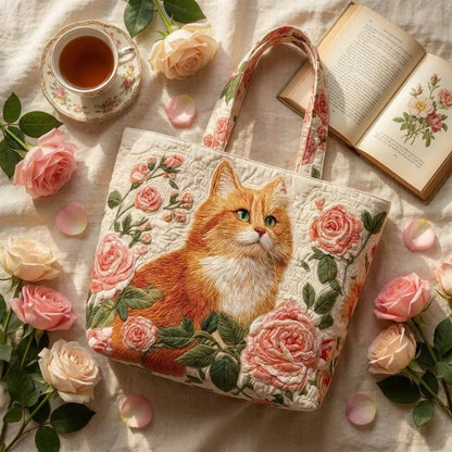 Ginger Cat with Roses Quilted Tote Bag