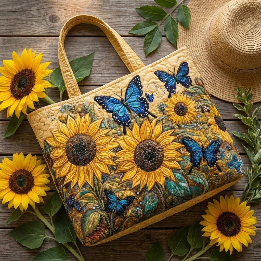Sunflowers and Blue Butterflies Quilted Tote Bag