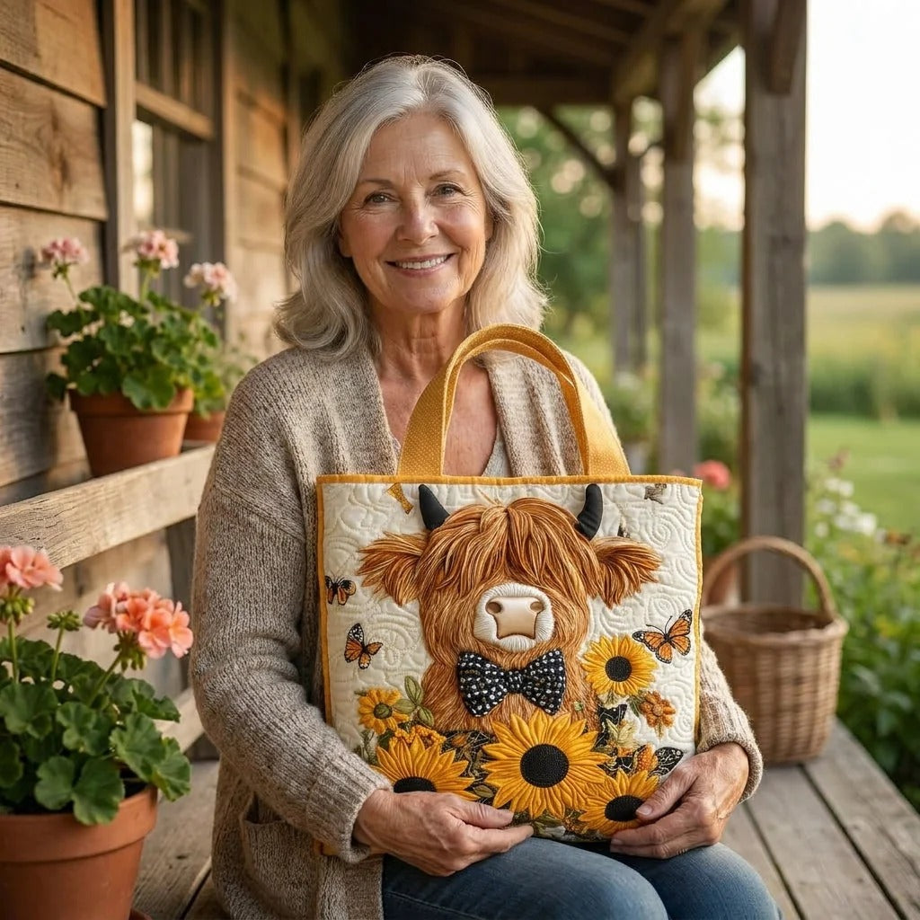 Highland Cow with Sunflowers Quilted Tote Bag