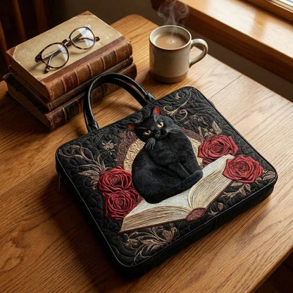 Black Cat and Red Roses Quilted Tote Bag