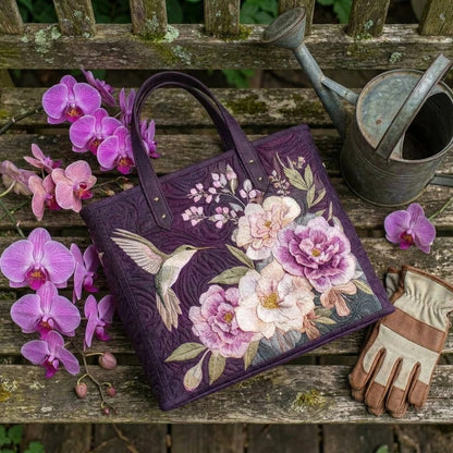 Hummingbird and Pink Blooms Quilted Tote Bag