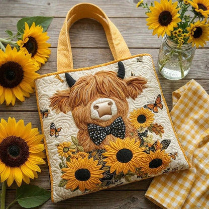 Highland Cow with Sunflowers Quilted Tote Bag