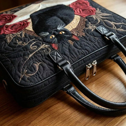 Black Cat and Red Roses Quilted Tote Bag