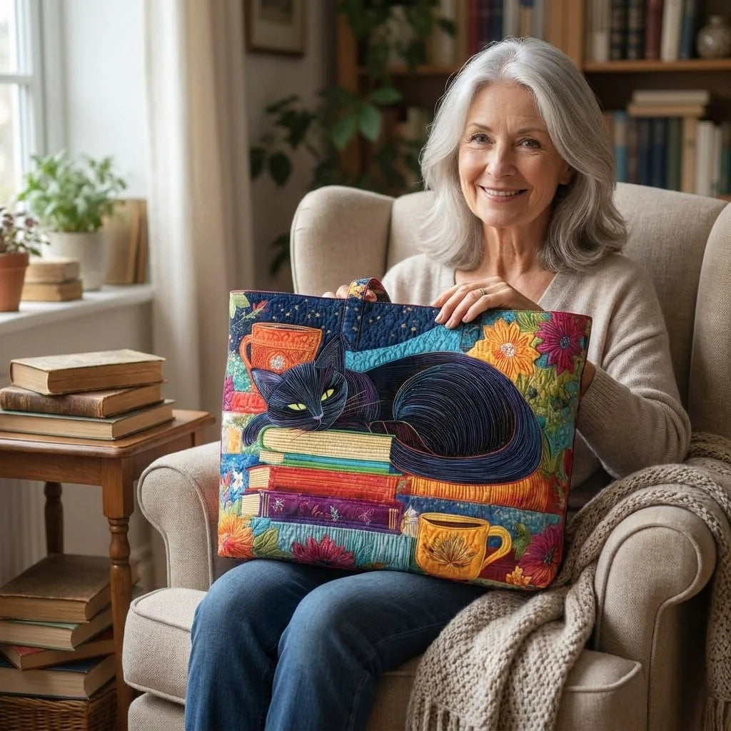 Black Cat with Books and Mugs Quilted Tote Bag