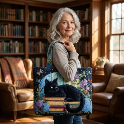 Black Cat on Books Quilted Tote Bag