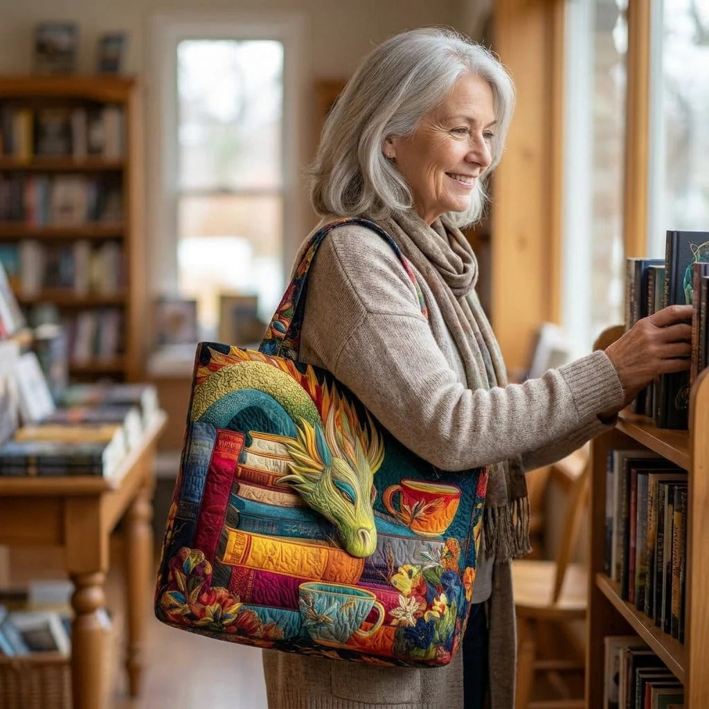 Dragon Reader with Books Quilted Tote Bag