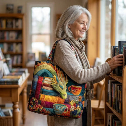 Dragon Reader with Books Quilted Tote Bag