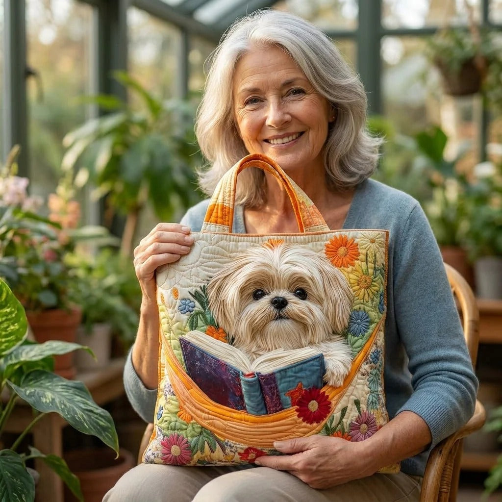Shih Tzu with Books and Flowers Quilted Tote Bag