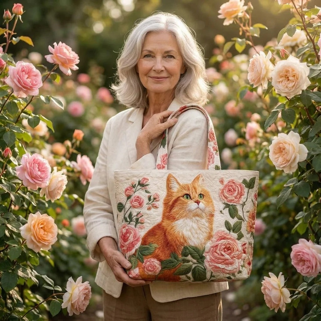 Ginger Cat with Roses Quilted Tote Bag