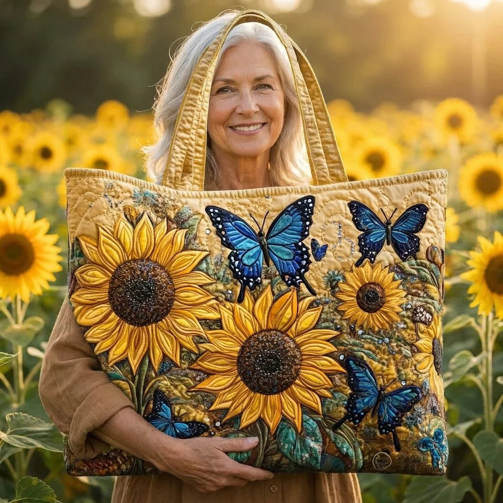 Sunflowers and Blue Butterflies Quilted Tote Bag