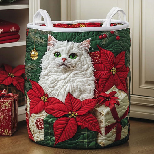 Poinsettia Snow Cat Quilted Storage Basket