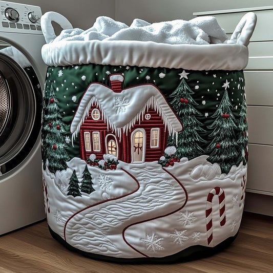 Snowy Evergreen Cottage Quilted Storage Basket